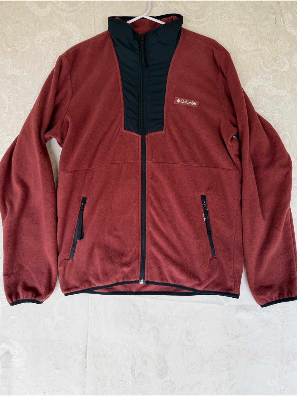 Columbia Brick Red Fleece Jacket with Black Chest Panel